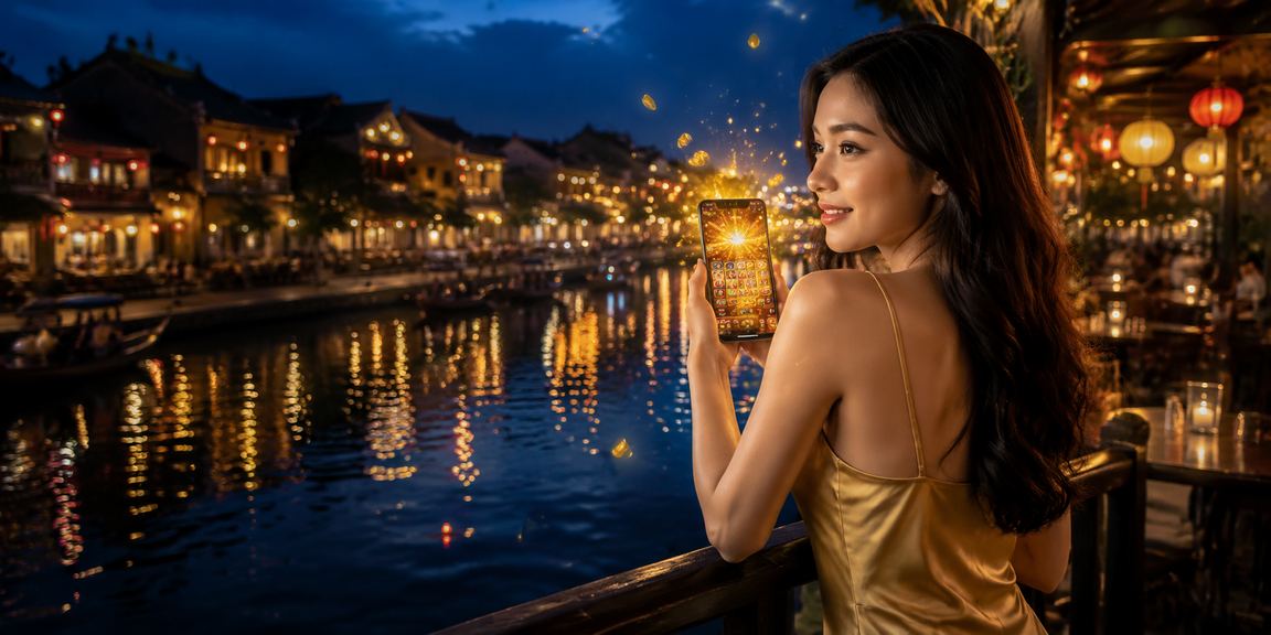 Người dùng chơi slot game tại quán cà phê Hội An với không khí thư giãn