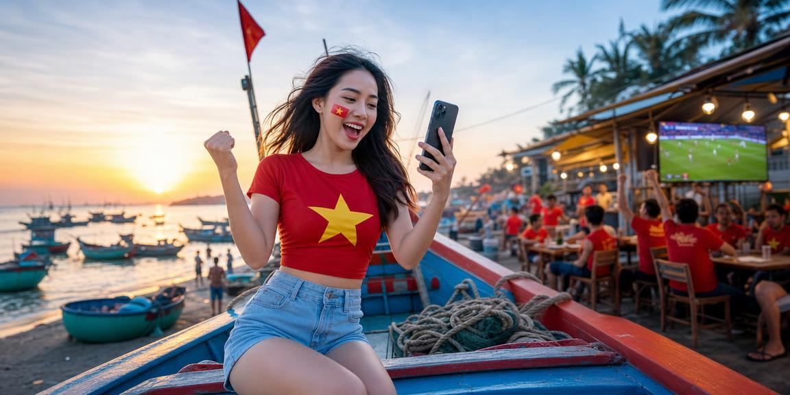 Người dùng trải nghiệm ứng dụng casino di động tại bãi biển Mũi Né buổi chiều